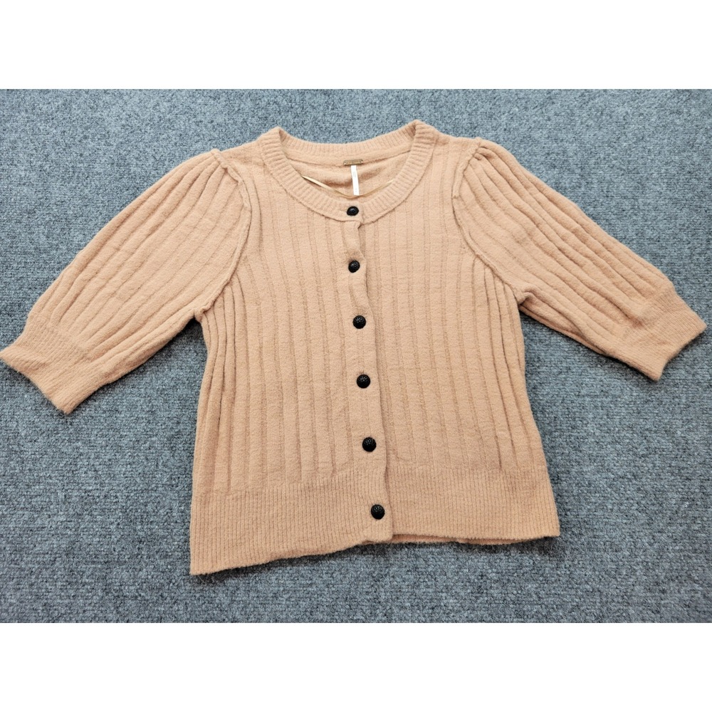 Free People Tan Ribbed Puff Sleeve Button Front Cardigan Sweater Small OB1368381